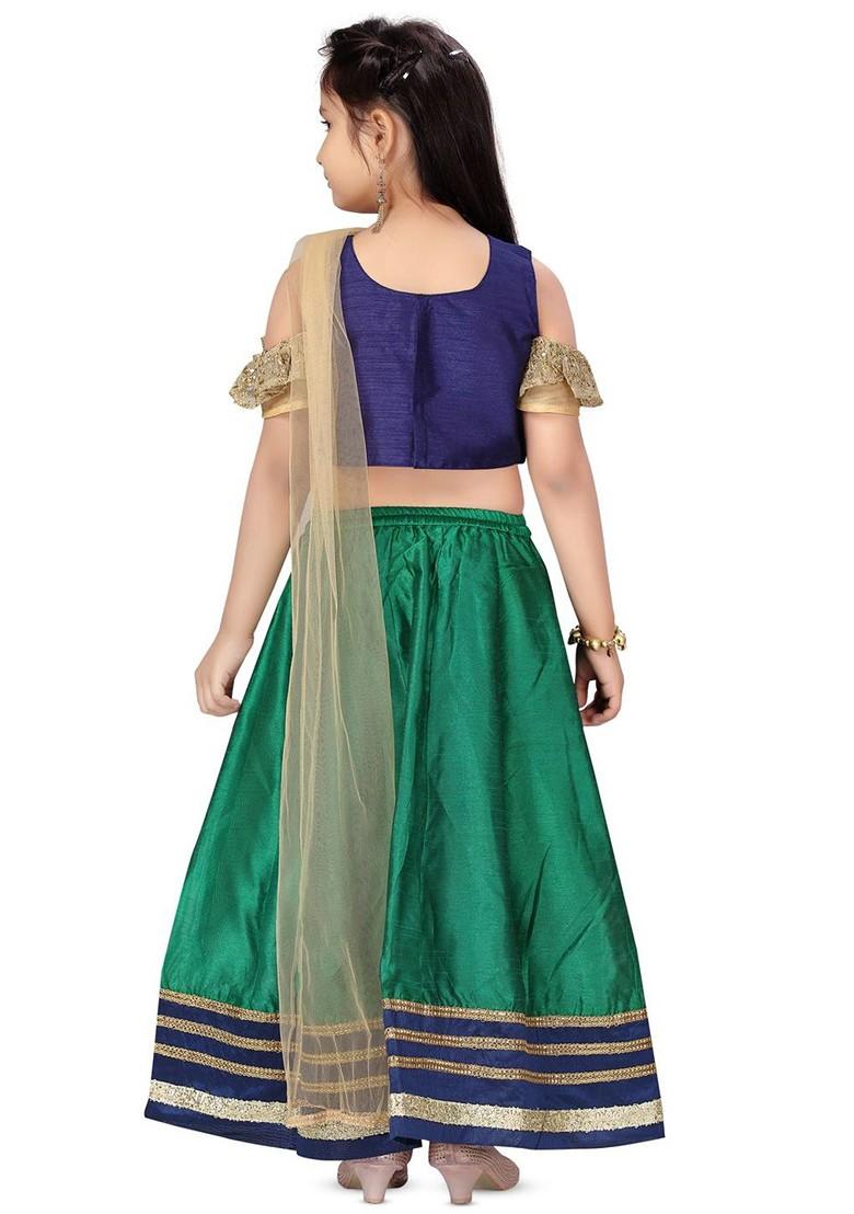 Green Embroidered Blended Lehenga Choli For Girls - Indya