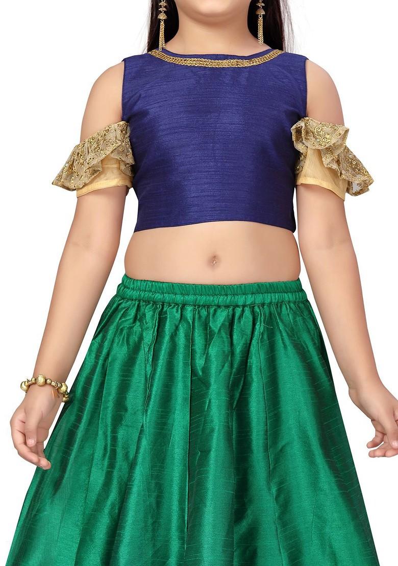 Navy Blue Embroidered Silk Lehenga Choli For Girls - Indya