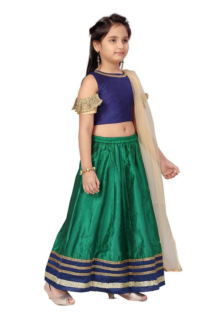 Navy Blue Embroidered Silk Lehenga Choli For Girls - Indya