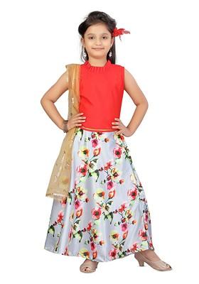 Red Printed Silk Lehenga Choli For Girls