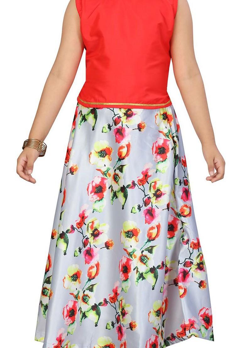 Red Printed Silk Lehenga Choli For Girls - Indya