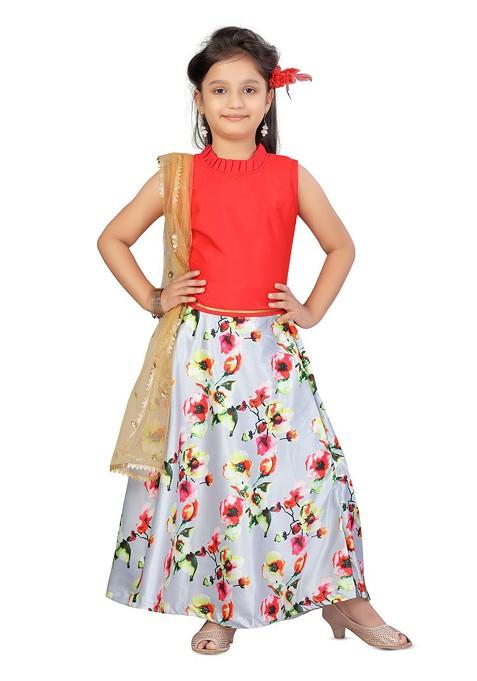 Red Printed Silk Lehenga Choli For Girls