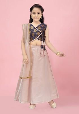 Navy Blue Embroidered Silk Lehenga Choli For Girls