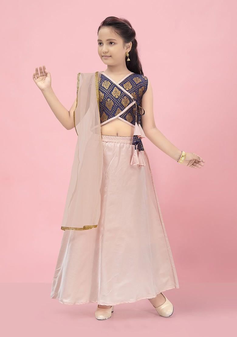 Navy Blue Embroidered Silk Lehenga Choli For Girls - Indya