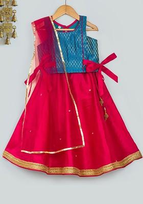 Turquoise Blue Embroidered Blended Lehenga Choli For Girls