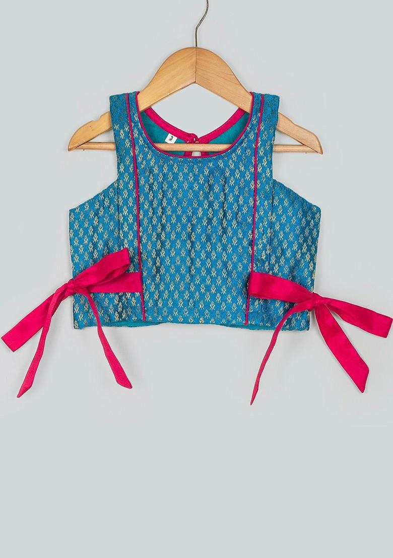 Turquoise Blue Embroidered Blended Lehenga Choli For Girls - Indya