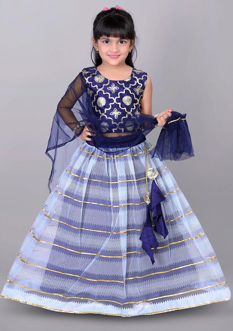 Navy Blue Embellished Blended Lehenga Choli For Girls - Indya