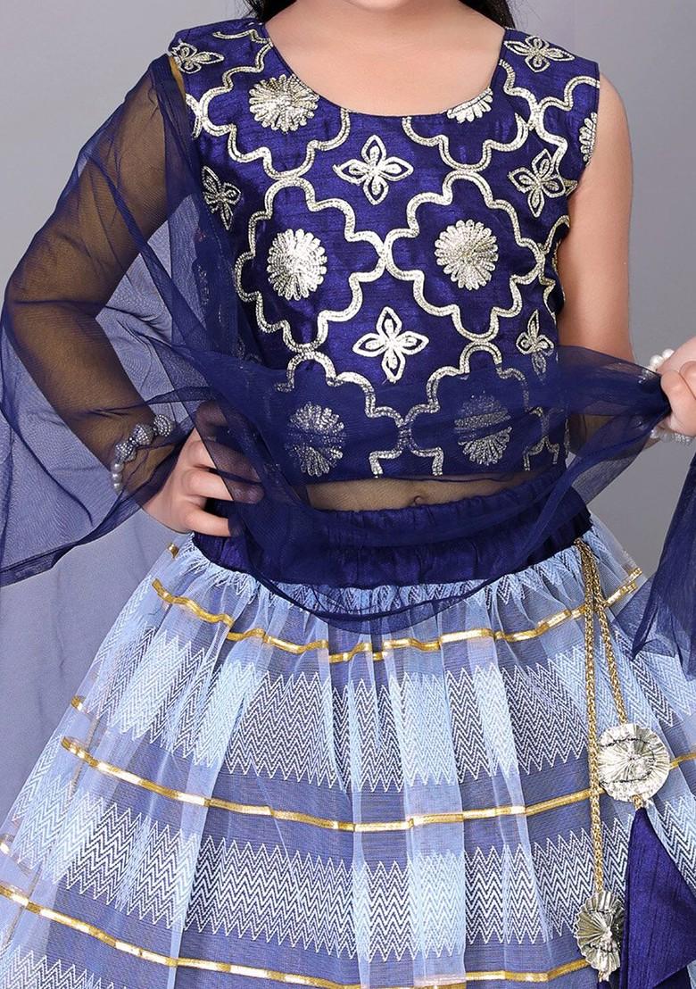 Navy Blue Embellished Blended Lehenga Choli For Girls - Indya
