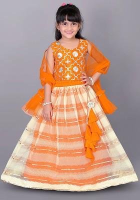 Orange Embellished Blended Lehenga Choli For Girls