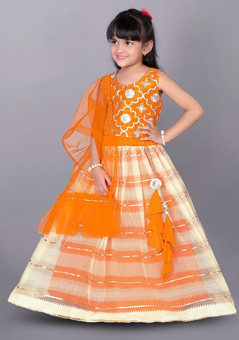 Orange Embellished Blended Lehenga Choli For Girls - Indya