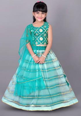 Green Embellished Blended Lehenga Choli For Girls