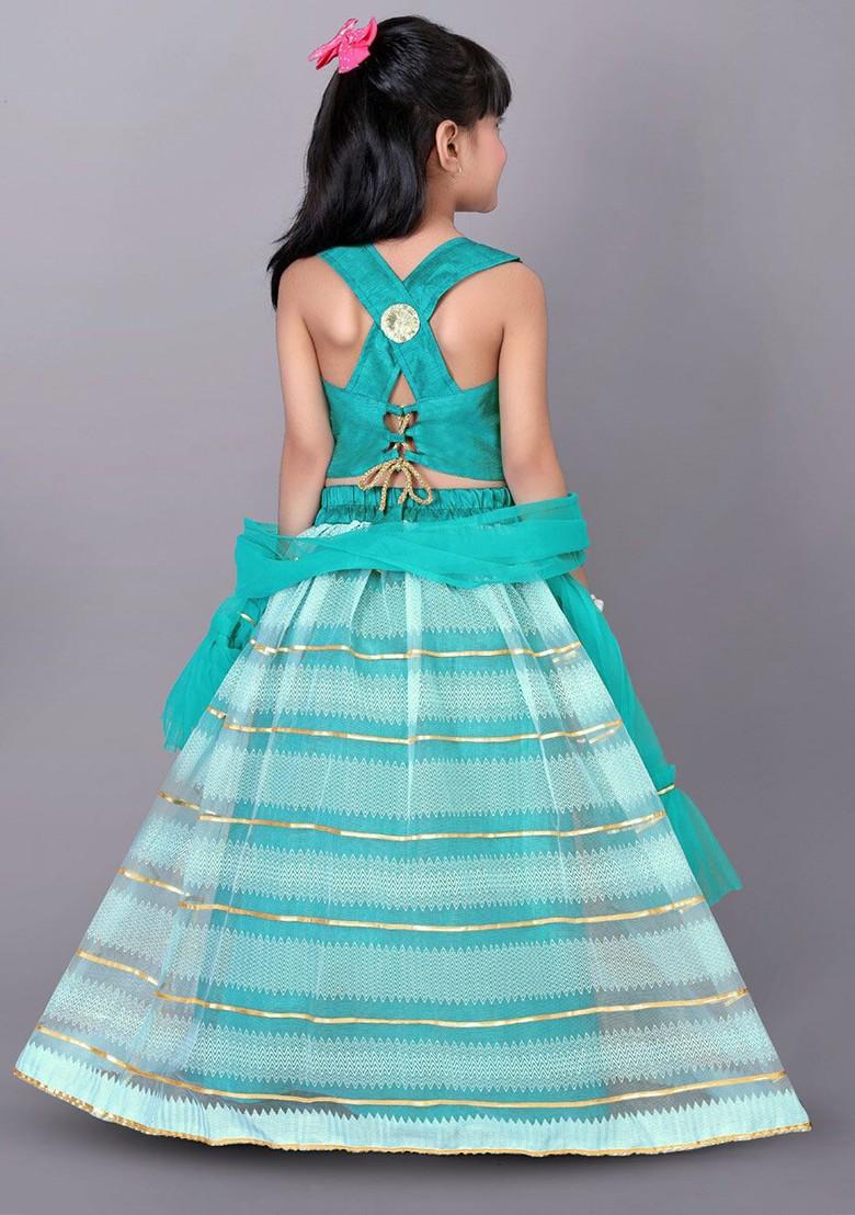 Green Embellished Blended Lehenga Choli For Girls - Indya