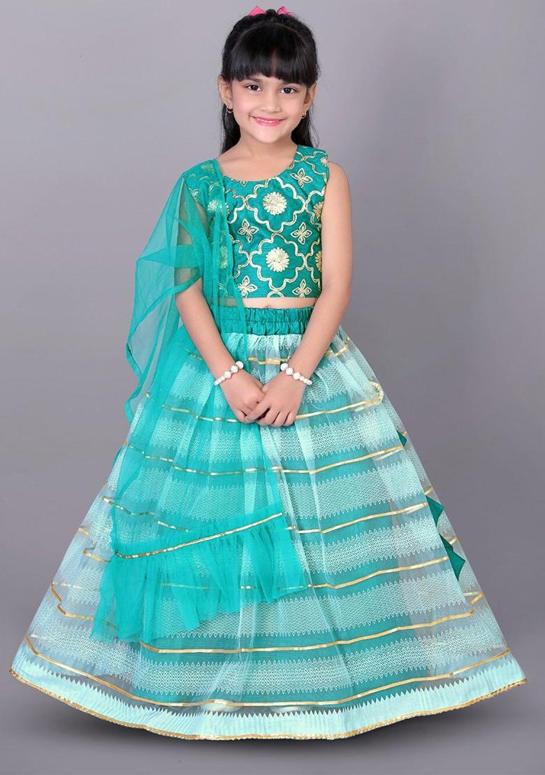 Green Embellished Blended Lehenga Choli For Girls - Indya
