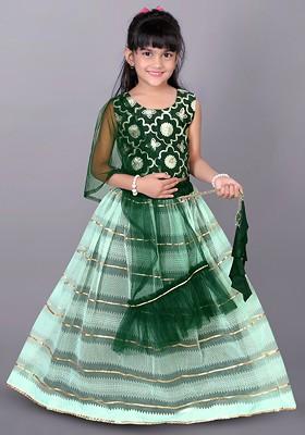 Green Embellished Blended Lehenga Choli For Girls