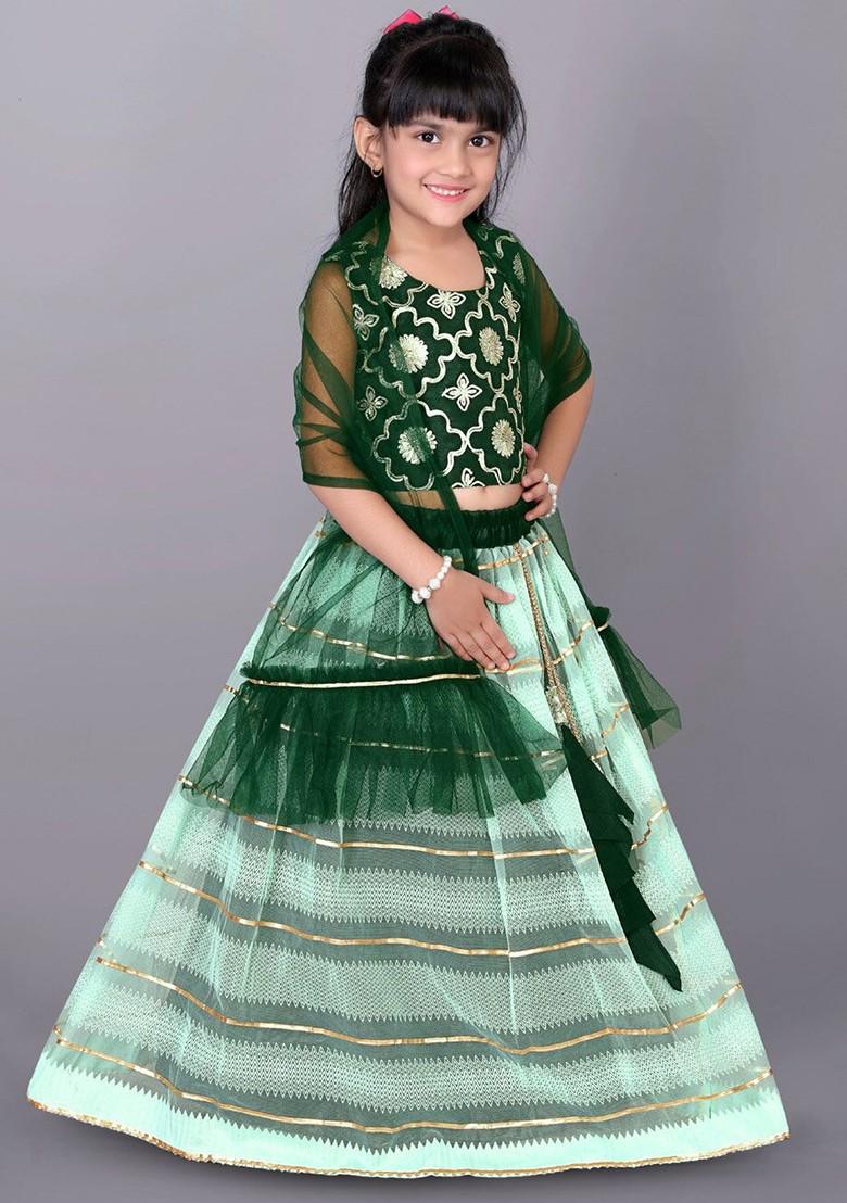 Green Embellished Blended Lehenga Choli For Girls - Indya