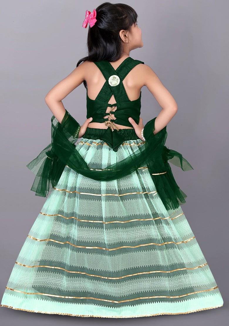 Green Embellished Blended Lehenga Choli For Girls - Indya