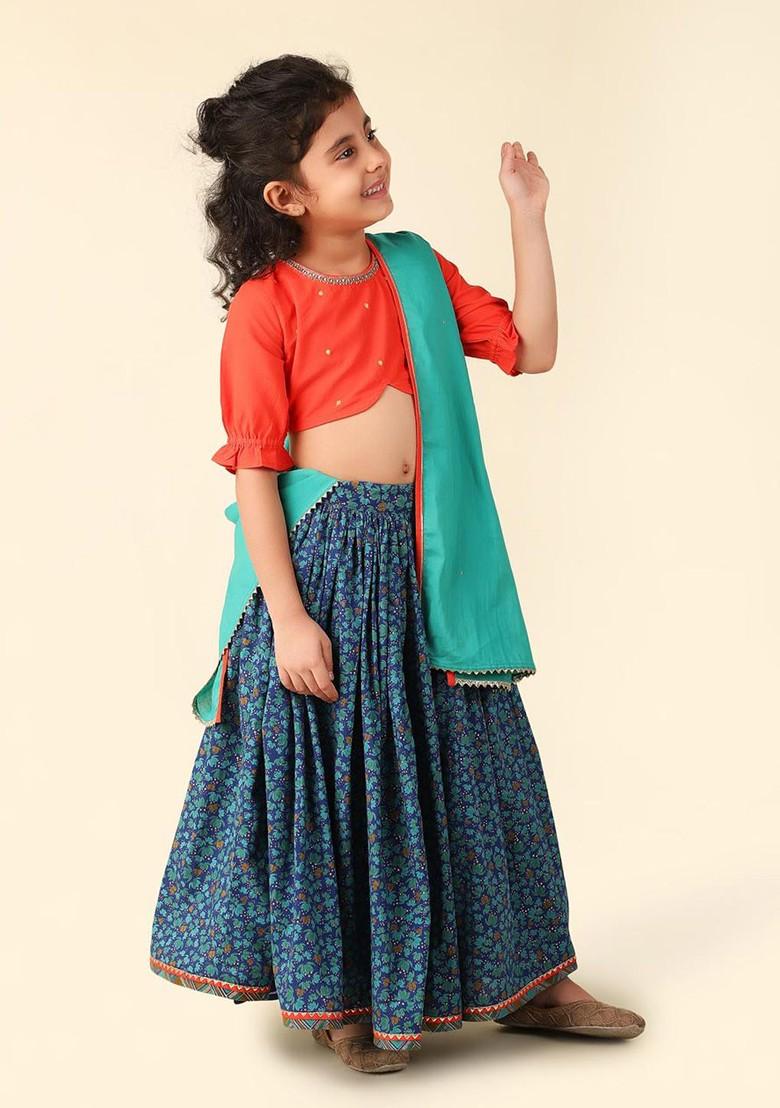 Blue Printed Blended Lehenga Choli For Girls - Indya
