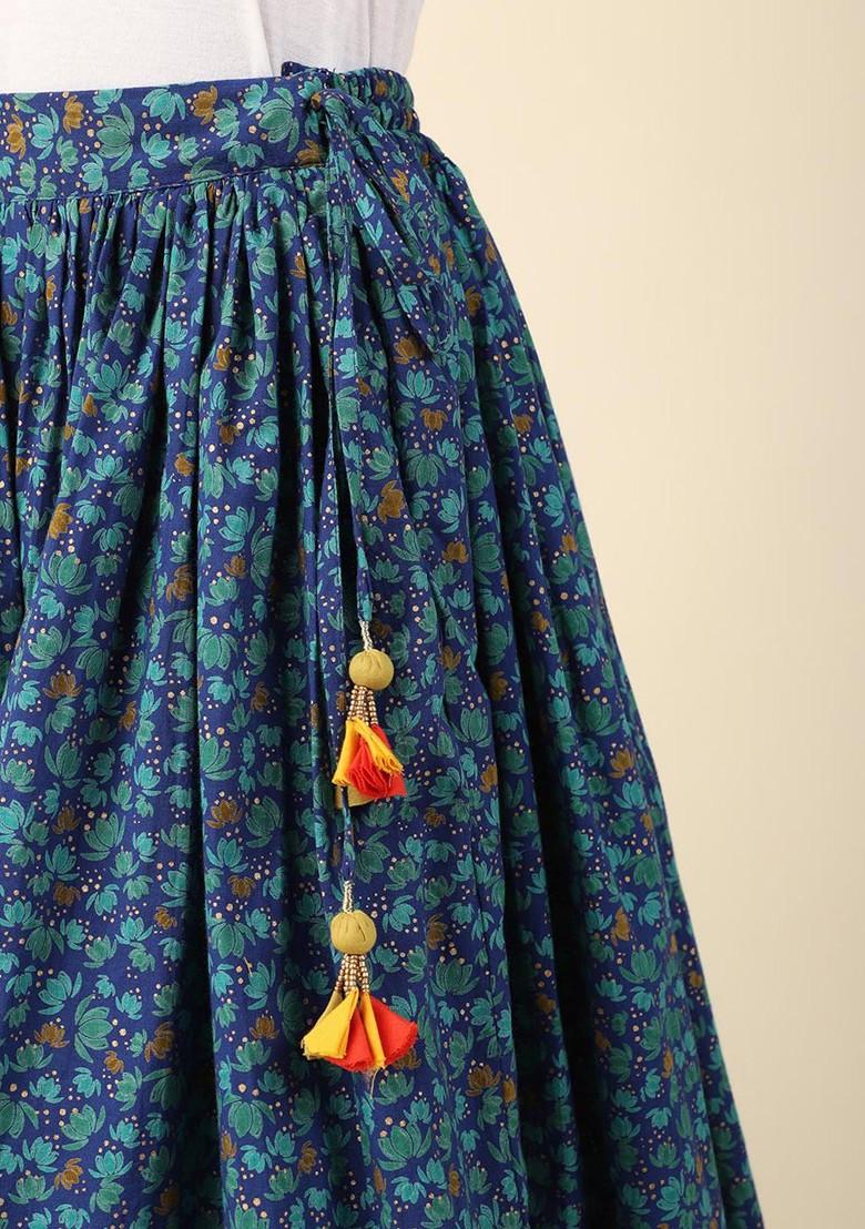 Blue Printed Blended Lehenga Choli For Girls - Indya
