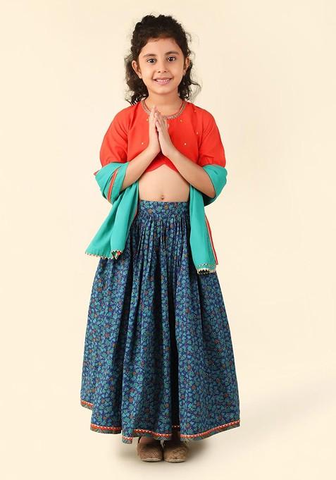 Blue Printed Blended Lehenga Choli For Girls — view on Indya