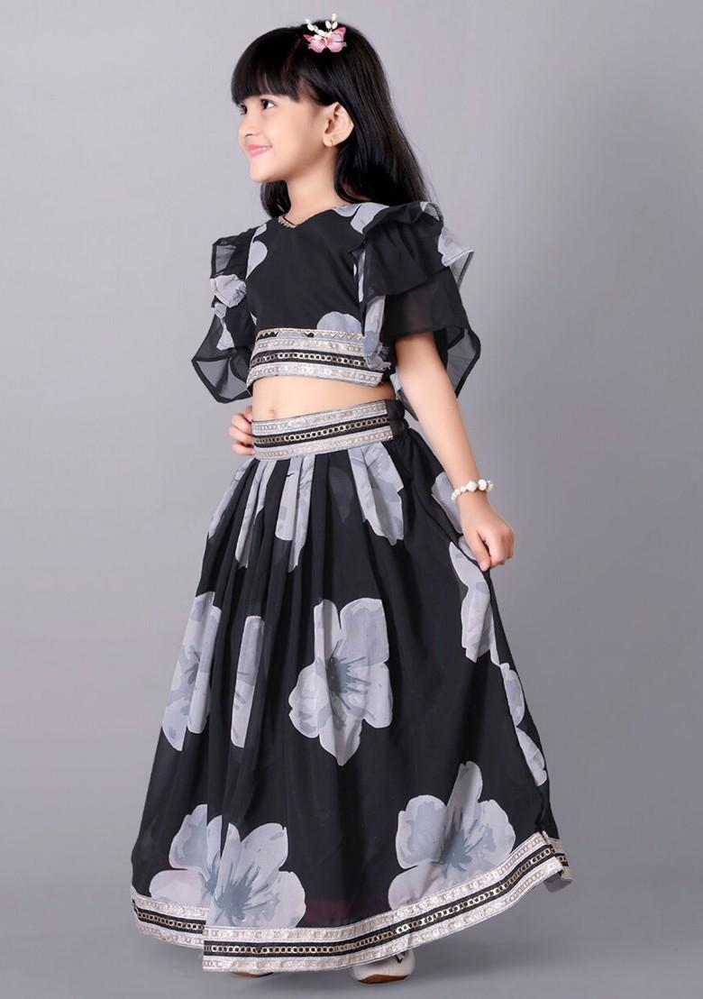 Black Printed Silk Lehenga Choli For Girls - Indya