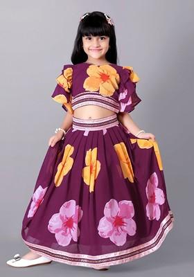 Magenta Printed Silk Lehenga Choli For Girls