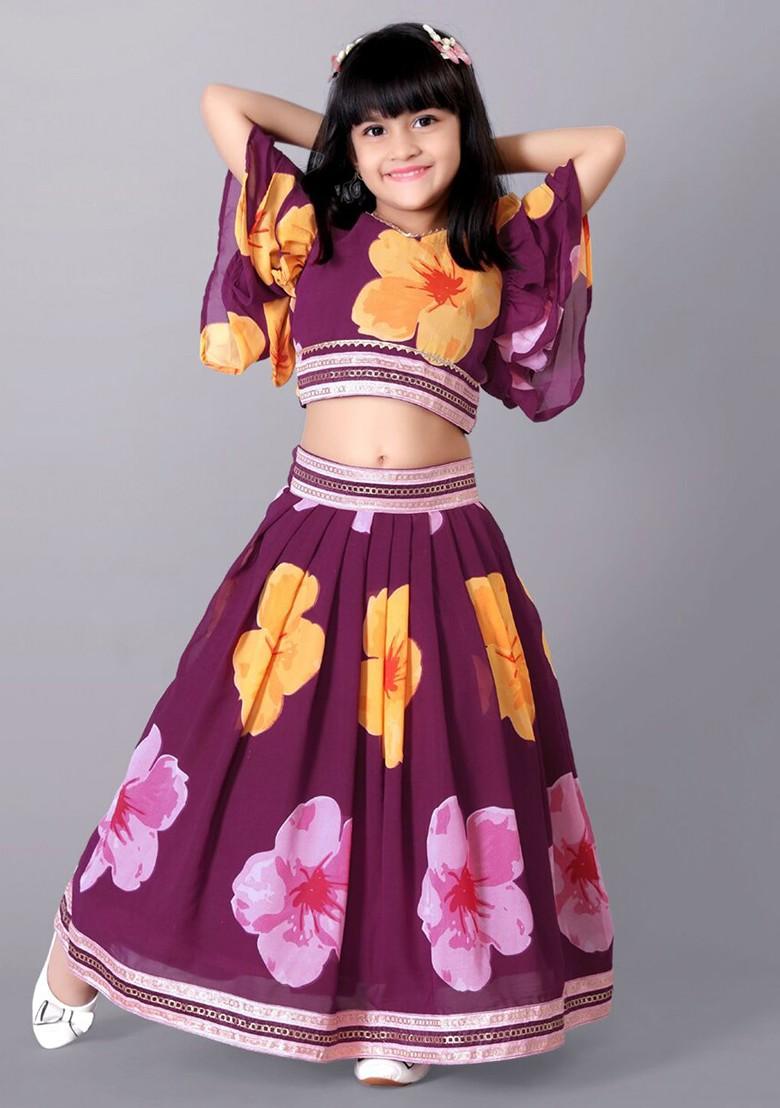 Magenta Printed Silk Lehenga Choli For Girls - Indya