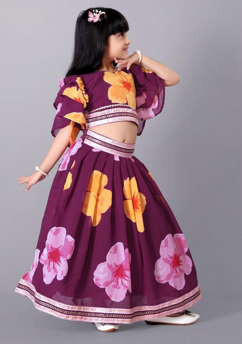 Magenta Printed Silk Lehenga Choli For Girls - Indya