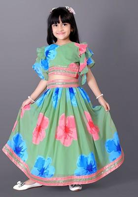 Green Printed Silk Lehenga Choli For Girls