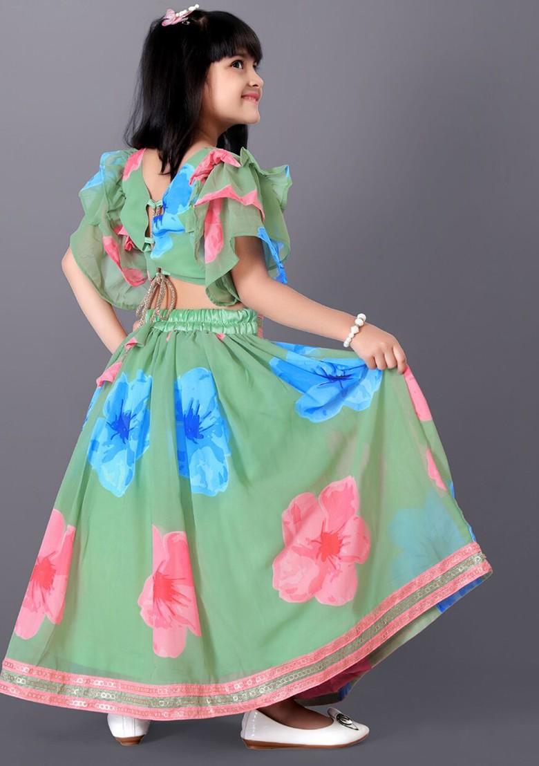 Green Printed Silk Lehenga Choli For Girls - Indya