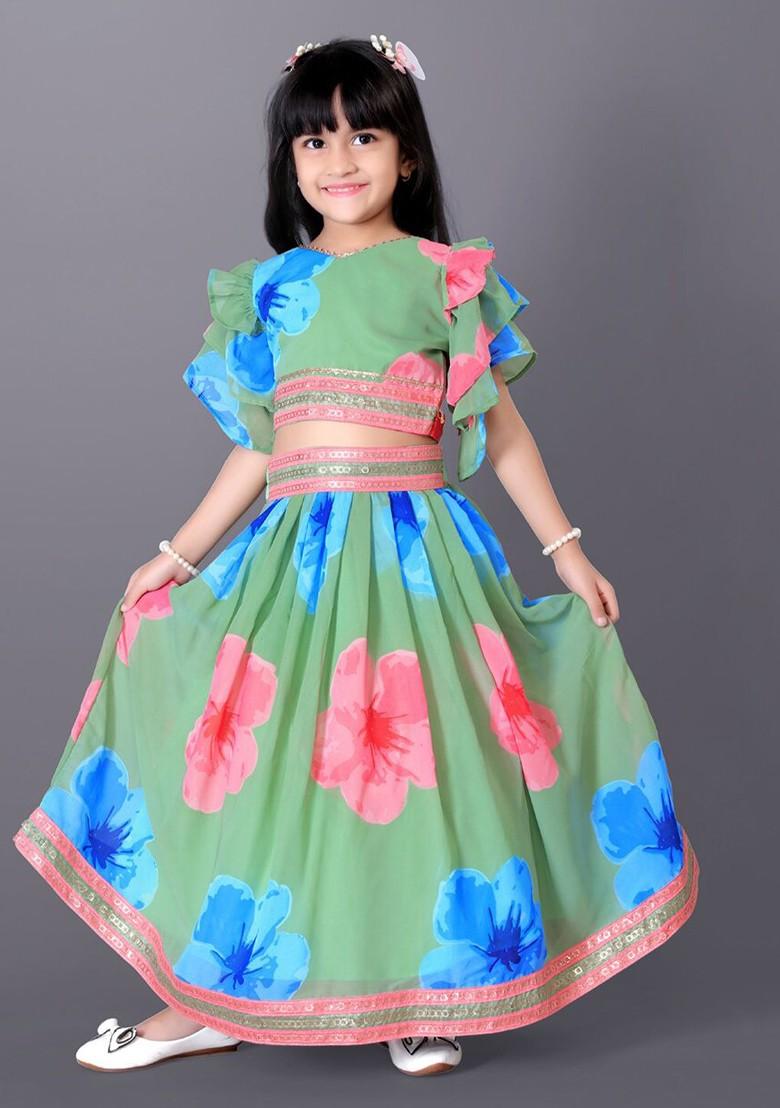 Green Printed Silk Lehenga Choli For Girls - Indya