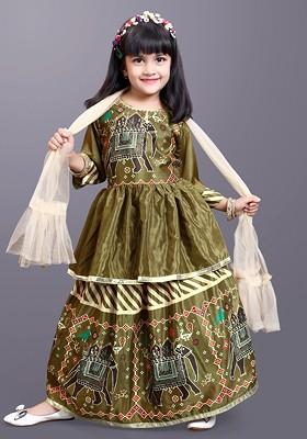 Green Printed Blended Lehenga Choli For Girls