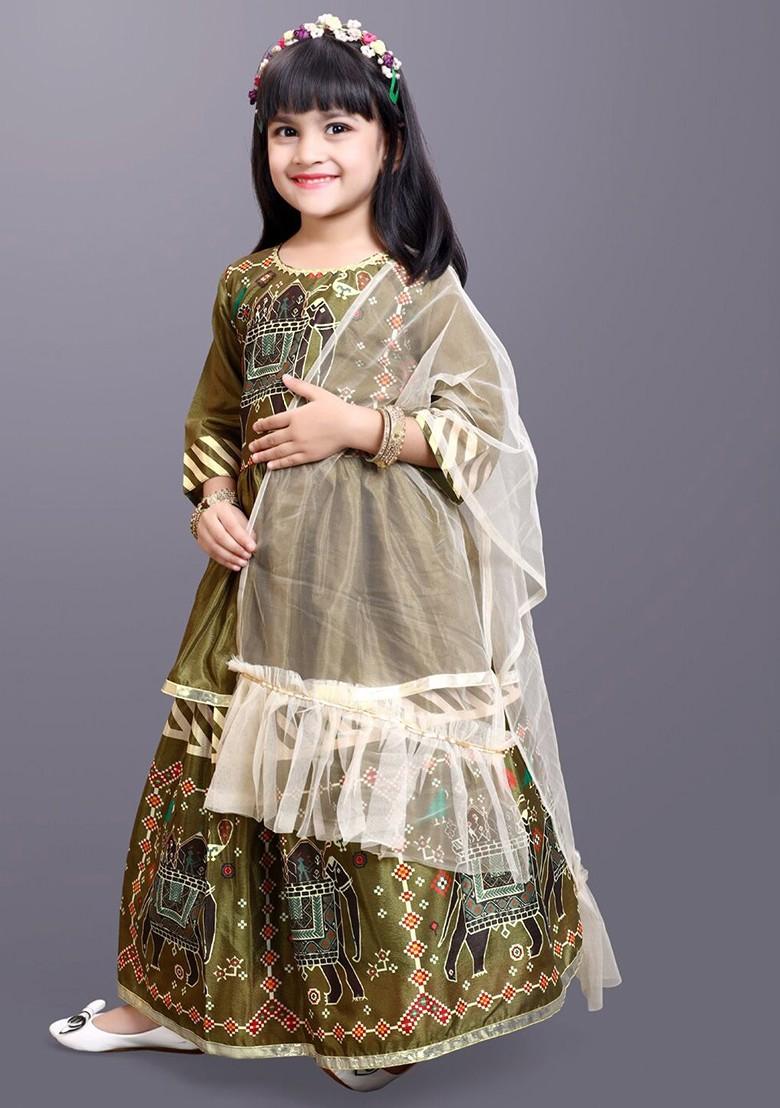 Green Printed Blended Lehenga Choli For Girls - Indya