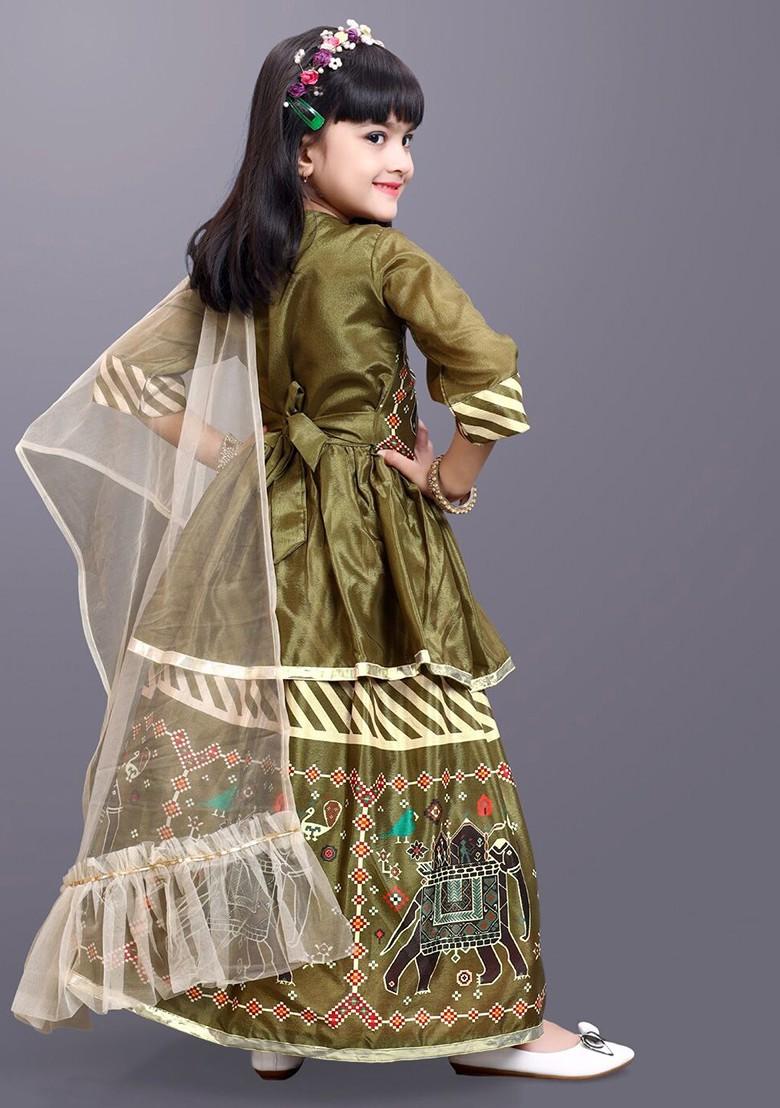 Green Printed Blended Lehenga Choli For Girls - Indya