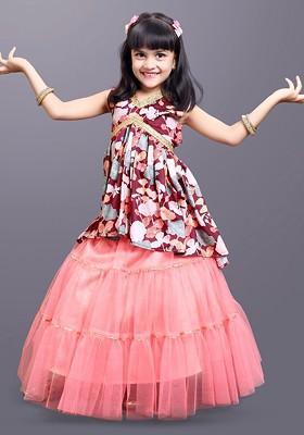 Maroon Printed Blended Lehenga Choli For Girls