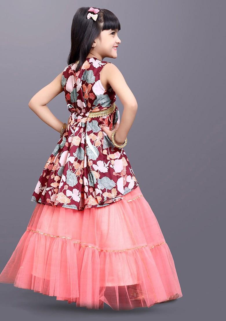 Maroon Printed Blended Lehenga Choli For Girls - Indya