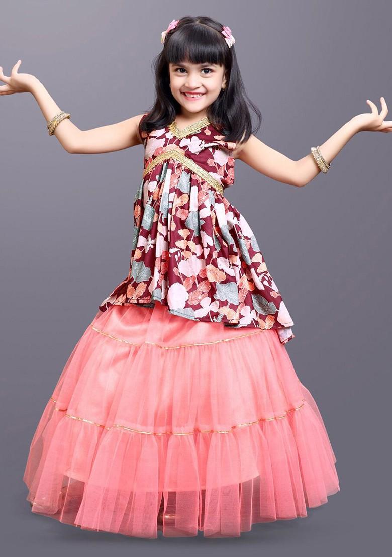 Maroon Printed Blended Lehenga Choli For Girls - Indya