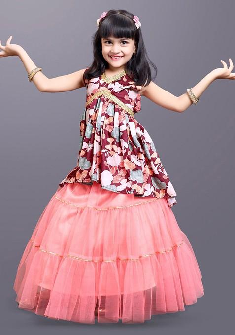 Maroon Printed Blended Lehenga Choli For Girls — view on Indya