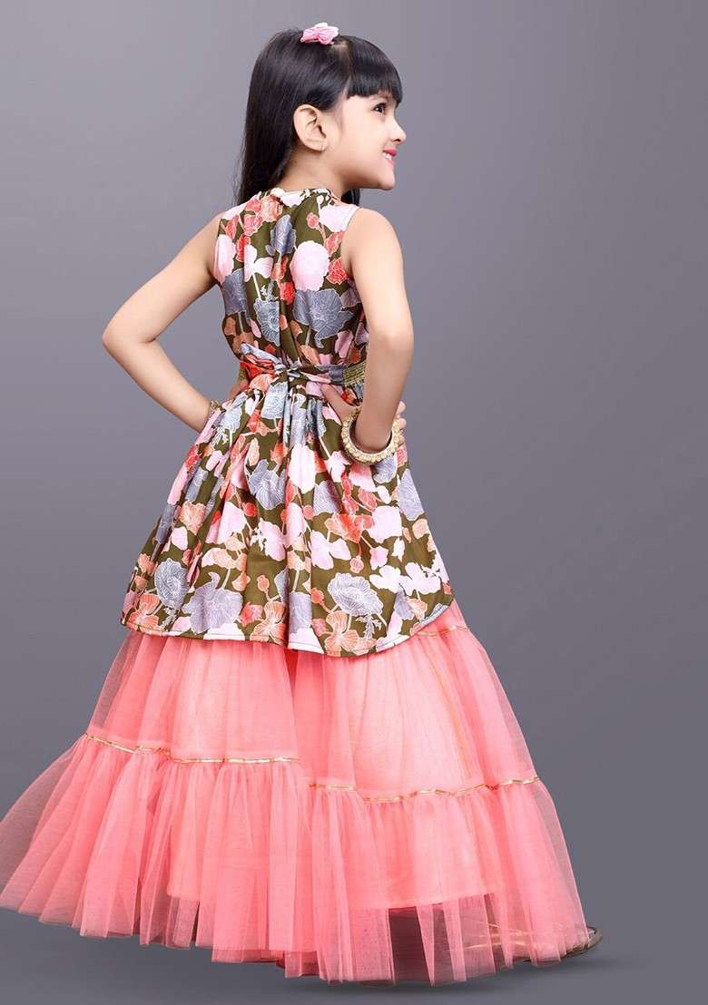 Green Printed Blended Lehenga Choli For Girls - Indya