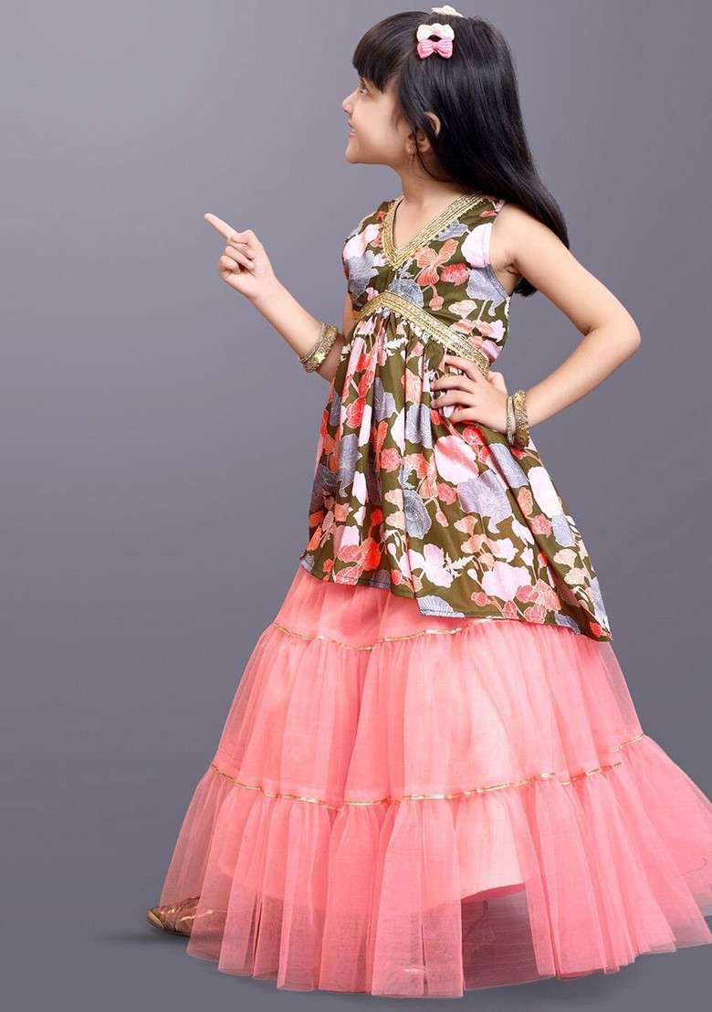 Green Printed Blended Lehenga Choli For Girls - Indya