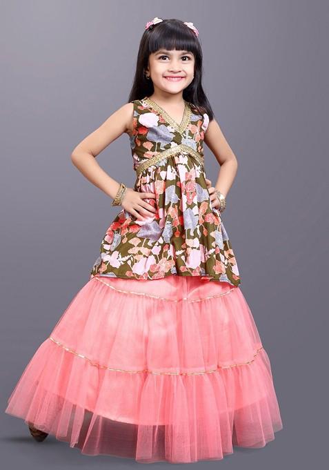 Green Printed Blended Lehenga Choli For Girls — view on Indya