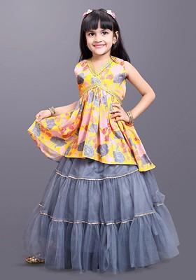 Yellow Printed Blended Lehenga Choli For Girls