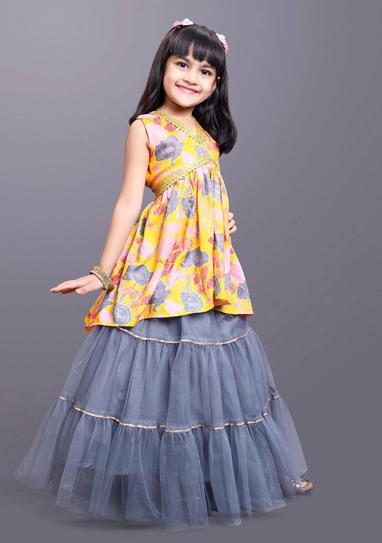Yellow Printed Blended Lehenga Choli For Girls - Indya