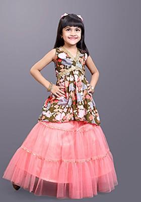 Green Printed Blended Lehenga Choli For Girls