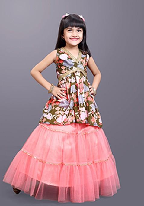 Green Printed Blended Lehenga Choli For Girls — view on Indya