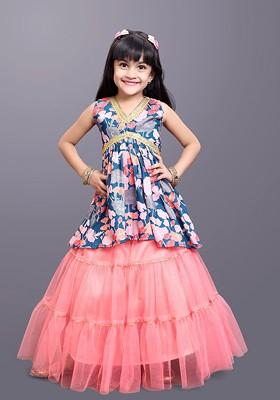 Navy Blue Printed Cotton Blend Lehenga Choli For Girls