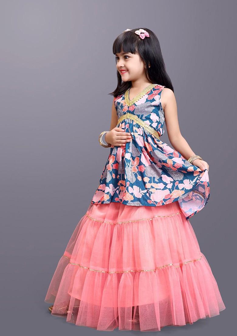 Navy Blue Printed Cotton Blend Lehenga Choli For Girls - Indya