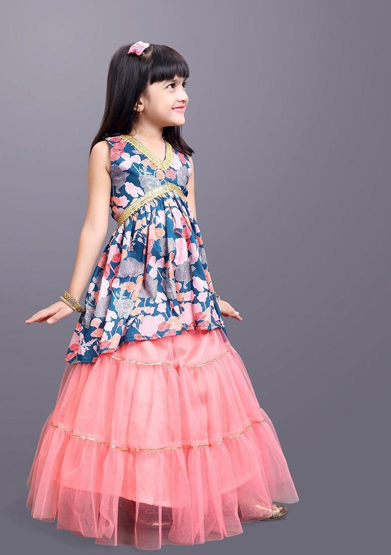 Navy Blue Printed Cotton Blend Lehenga Choli For Girls - Indya