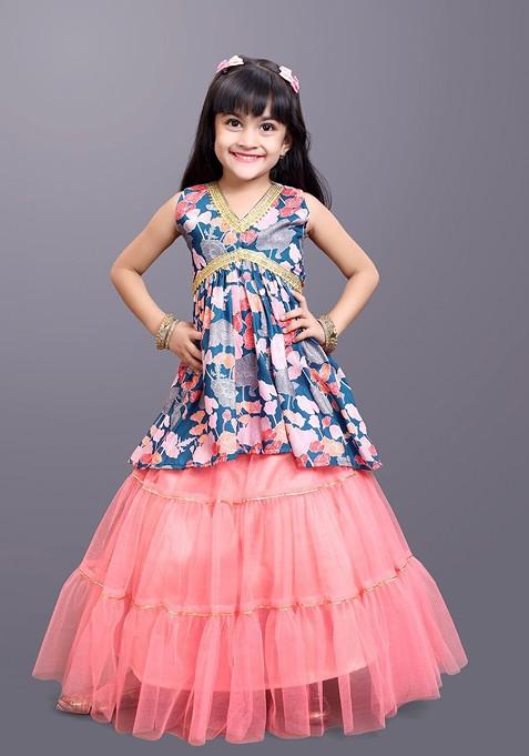 Navy Blue Printed Cotton Blend Lehenga Choli For Girls — view on Indya