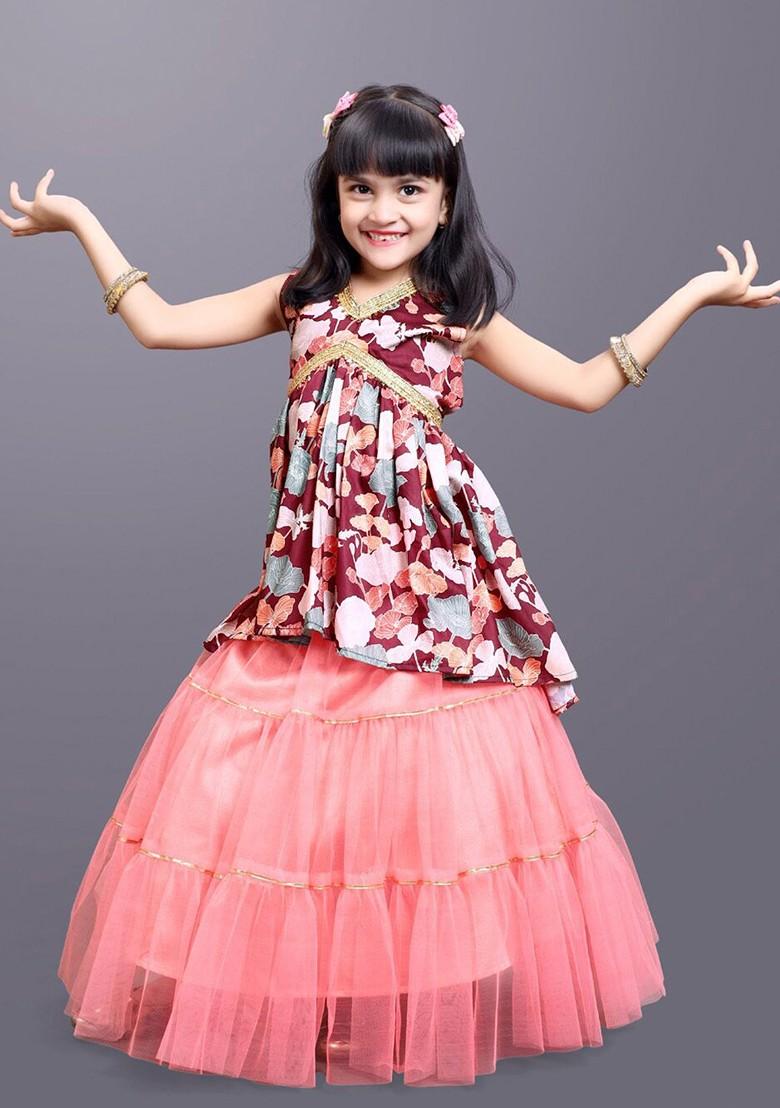 Magenta Printed Net Lehenga Choli For Girls - Indya