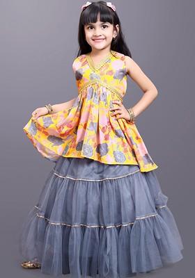 Yellow Printed Net Lehenga Choli For Girls